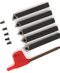 Five-piece 1/4in indexable turning tool set with carbide inserts (60°/75°/90°) for facing, boring and chamfering.