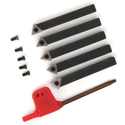 Five-piece 1/4in indexable turning tool set with carbide inserts (60°/75°/90°) for facing, boring and chamfering.
