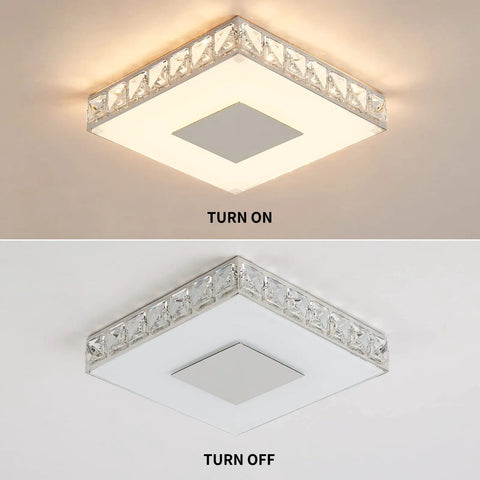 14 Inch Crystal Flush Mount Ceiling Light LED Close To Ceiling Fixture Modern Dimmable Crystal Chandelier, on and off view