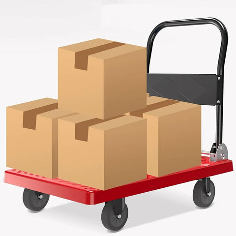 Foldable Flatbed Hand Cart With Beefy Metal And Plastic Deck, Wheeled Platform Truck For Moving Heavy Items, Portable Push Trolley For Parcels, Tools, Auto Shop, Home Or Warehouse, Compact Design For Easy Storage carrying boxes