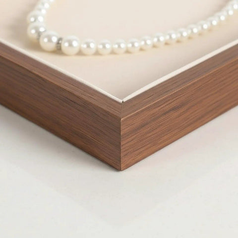 Slick Walnut Wood Jewelry Display Tray With Dope 24 Compartments For Rings Earrings Necklaces, corner detail with pearl necklace.