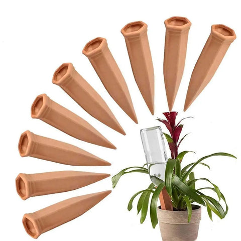 10 Pack Clay Self Watering Nails For Indoor And Outdoor Plants, terracotta nails displayed with live plant in pot for hydration