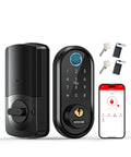 Slick Bluetooth Smart Deadbolt Featuring Quick Fingerprint Access And Touchscreen Keypad Plus Remote App Monitoring For Hassle Free Home Security Setup Black with keys and smartphone.