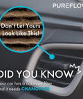 Comparison of dirty cabin air filter next to car vent, highlighting the need for a Cabin Air Filter For Hyundai Tucson Elantra Santa Fe Kia Sportage Sorento K5 Santa Cruz Ioniq 5 With Four Stage Filtration And Activated Charcoal Trapping Gases For Fresher, Cleaner Cabin Air In Your Ride.