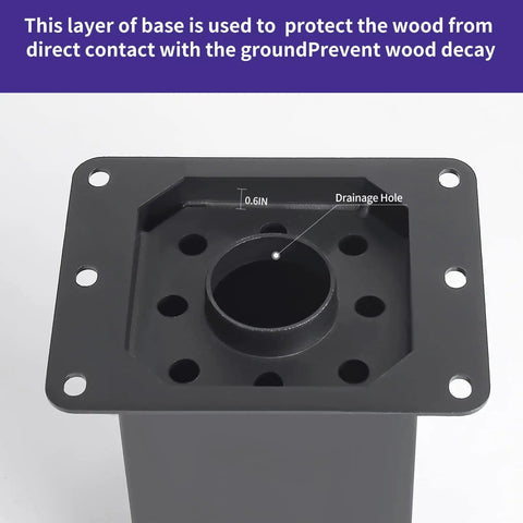 Top view of Beefy Heavy Duty 4x4 Post Base With Four Post Anchors in black powder coat showing drainage holes, solid steel for outdoor use.