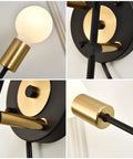 Plug In Two Light Wall Sconce, Black Wall Lamp With Switch, Sleek Modern Vanity Lighting fixture detail, E26 Base visible