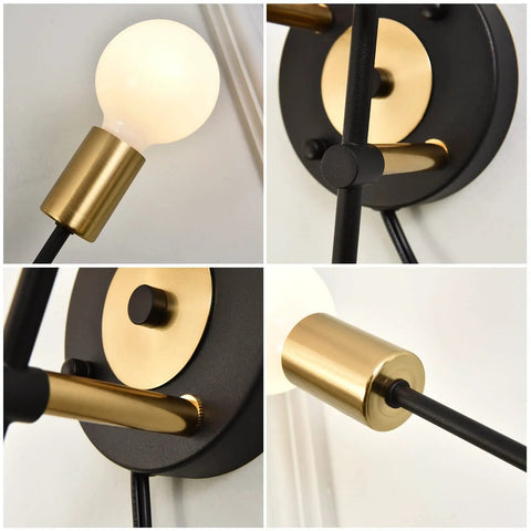 Plug In Two Light Wall Sconce, Black Wall Lamp With Switch, Sleek Modern Vanity Lighting fixture detail, E26 Base visible