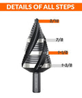 Four Spiral Flute Step Drill Bit showing size range from 3/16 to 1-3/8 inch with 1/4 inch shank, HSS Unibit for various materials.