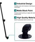 Legit Heavy Duty Galvanized Steel Pipe Stair Handrail, Wall Mounted Farmhouse Railing For Authentic Rustic Home Decor, Damn Sturdy Industrial Steps Safety Rail In Matte Black Finish, close-up of black elbow joint.