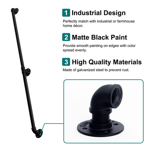 Legit Heavy Duty Galvanized Steel Pipe Stair Handrail, Wall Mounted Farmhouse Railing For Authentic Rustic Home Decor, Damn Sturdy Industrial Steps Safety Rail In Matte Black Finish, close-up of black elbow joint.