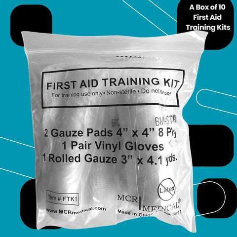 Box Of 10 Basic First Aid Training Kits With Gauze Roll And Gauze Pads, Large Vinyl Gloves For Classroom Or Workplace Safety