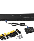 8 Port KVM Switch VGA USB Connectivity Rack Mount Console Manual Override Wired Remote Extender For Multi PC Setup, black hub with cables.