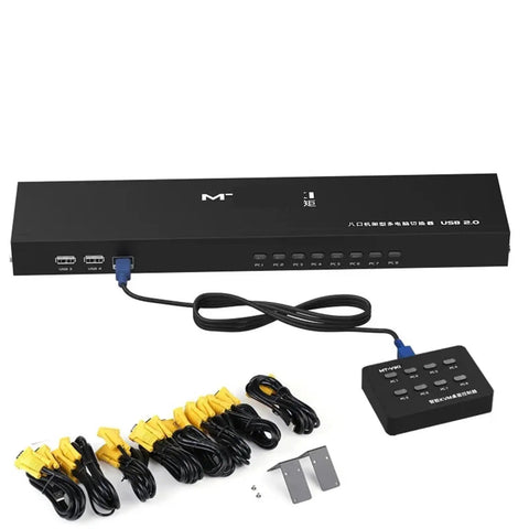 8 Port KVM Switch VGA USB Connectivity Rack Mount Console Manual Override Wired Remote Extender For Multi PC Setup, black hub with cables.