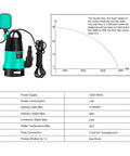 Diagram and specifications of 1HP Submersible Sump Pump With 3700GPH Flow, Auto Float Switch, Built For Low Water Level Jobs
