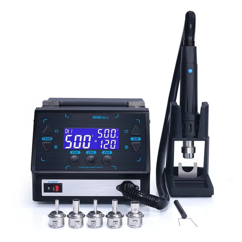 Pro Grade 1000W Desoldering Hot Air Soldering Station With Intelligent Display For PCB BGA Rework And Chip Repair, pictured with accessories