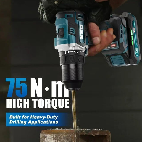 Heavy Duty Cordless Drill And Driver With Badass Brushless Motor Killer 75 Nm Torque drilling into metal with a black chuck and teal body.