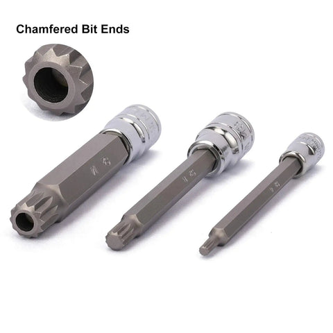 M Type Spline Bit Socket Set With S2 Alloy Bits And Chromium Vanadium Sockets, showing chamfered bit ends and different sizes.