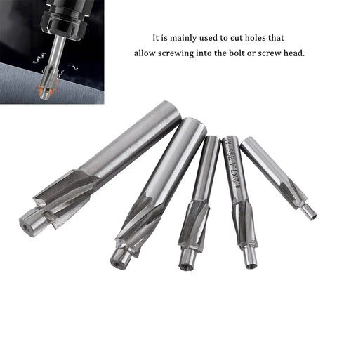 Dope Pro Grade 5 Piece Counterbore Drill Bit Set with HSS Aluminum Straight Shank, M3 to M8 sizes, for metalworking.