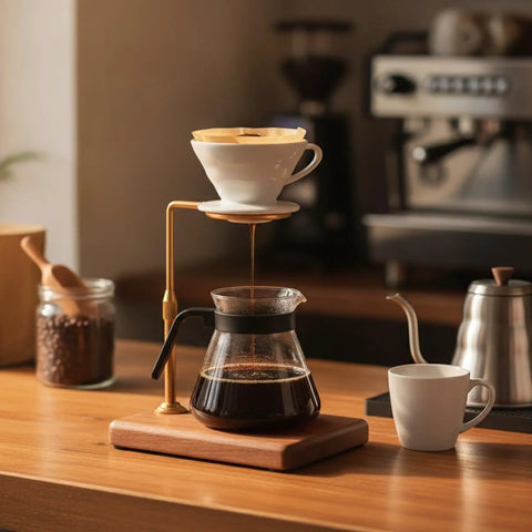 Kickstart Your Morning Ritual With This Totally Awesome Adjustable Wooden And Aluminum Pour Over Coffee Stand Made For Mugs And Carafes A Heavy Duty Brewing Station with dripper and carafe.