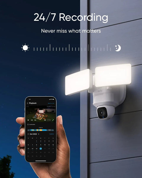 Outdoor Floodlight Security Camera With 360 Degree Pan And Tilt, 2K Video, AI Detection And Auto Tracking mounted on wall