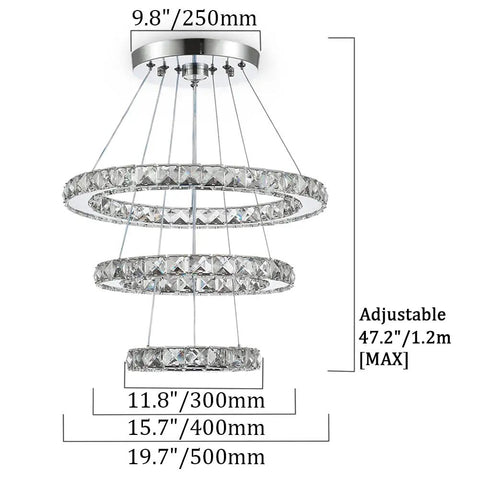 Dope Modern Crystal Ring Chandeliers LED Pendant Light With Adjustable Height And Ring Sizes 12, 16, 20 Inches Cool White Or Warm White Glow Glass And Stainless Steel Suspension Lamp with measurements.