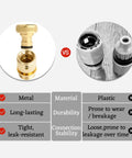 Comparison showing Two Pack Brass Garden Hose Quick Release Fittings Kit for Easy Water Connection vs plastic connectors