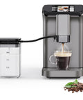 Brew Barista Grade Coffee With This Fully Automatic Espresso Machine Featuring A Built In Conical Burr Grinder Quick Milk Frother One Tft Display 20 Bar Pressure Simple Auto Clean And 15 Grind Settings For Smooth Lattes That Stay On Point Daily, brewing coffee into a glass cup with integrated grinder.