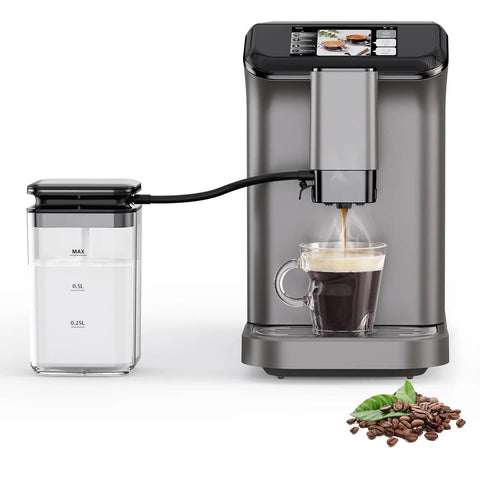 Fully Automatic Espresso Machine With Integrated Burr Grinder And Double Boiler System brewing coffee in a glass cup, gunmetal finish