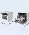 Compact Countertop Dishwasher Automatic Auto Dry showing dimensions, front and side view with dishes inside for RV and apartments.