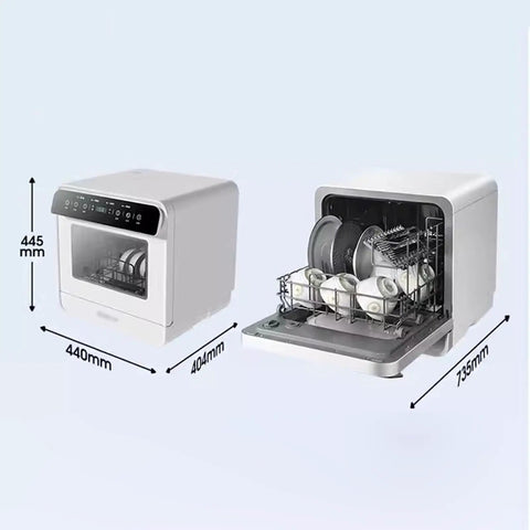 Compact Countertop Dishwasher Automatic Auto Dry showing dimensions, front and side view with dishes inside for RV and apartments.