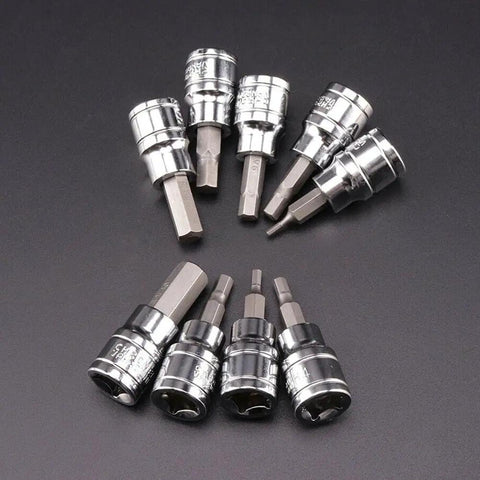 Three Eighths Inch Drive Metric Hex Bit Socket Set In Chrome Vanadium Steel, 2mm To 10mm, arranged on a dark background.