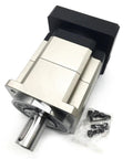 Rock Solid High Precision Helical Gear Planetary Gearbox Servo Reducer With Killer Torque Ratios From Five To One Up To One Hundred To One And Nine Zero Millimeter Flange Mounting Shaft Options For Smooth Motor Control with silver and black metal finish.
