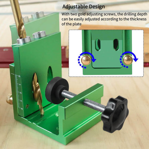 Precision Pocket Hole Jig With Two Hole Adjustable Angle Drill Guide For Woodworking, aluminum alloy body, green finish