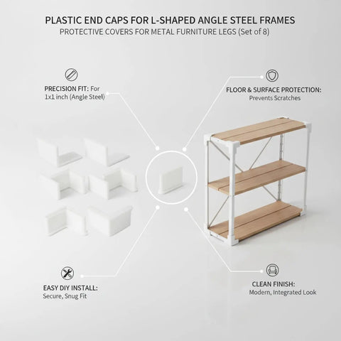 White Plastic End Caps For L Shaped Angle Iron Floor Protectors for Metal Shelving and Workbenches, eight pack displayed