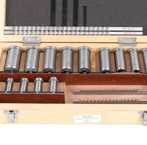 Pro Grade Keyway Broach Set For Lathe 22 Pc HSS Broaching Kit in wooden case with bushings and shims visible