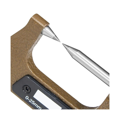 Close-up of Professional Mechanical Outside Diameter Micrometer Zero To Twenty Five Millimeter Dual Tip showing precision tips.