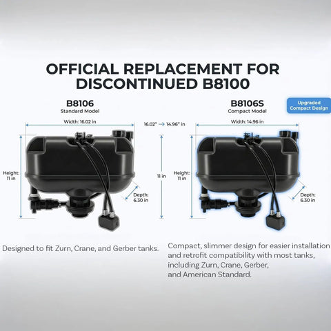 Image showing 1.6 GPF Pressure Assisted Flush System Complete Kit With Flush Control And Handle Assembly For Official Replacement Of B8106 And B8100, featuring standard and compact models for various tank fittings.