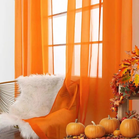 Orange Sheer Voile Window Curtain Panels 52 Inch Wide 84 Inch Long Rod Pocket 2 Panels Lightweight Polyester Sheers in fall decor setting