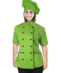 Women Short Sleeve Chef Coat And Matching Hat With Poly Cotton Culinary Jacket For Caterers Bakers And Line Cooks Delivering Fly Fit And Killer Comfort On The Daily Grind in vibrant green.