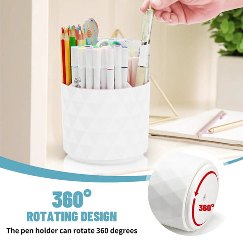 360 Degree Rotating Pen Organizer with diamond-like design holding pens and pencils, showcasing its rotation feature on a desk.