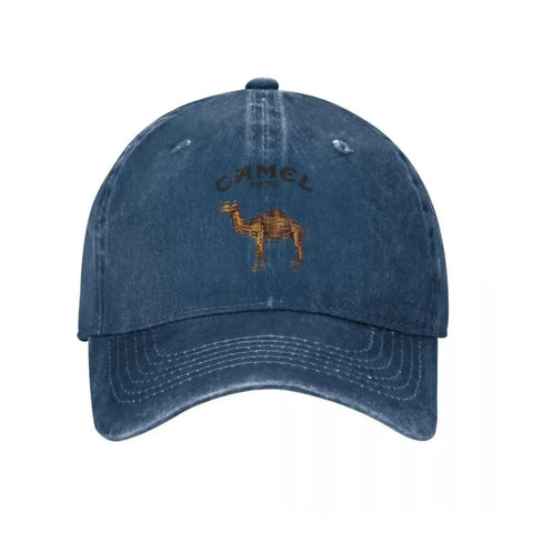Front view of blue camel embroidered trucker hat