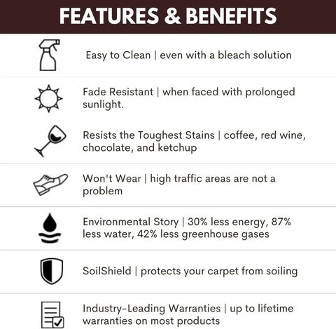 Features of premium plush carpet tiles including easy clean, fade resistance, stain resistance, durability, eco-friendly, and warranties.