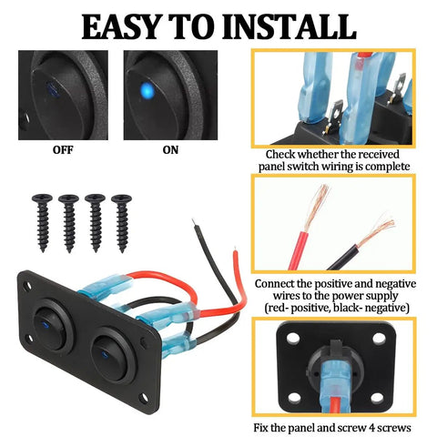 Easy install steps of Two Gang Rocker Toggle Switch Panel For Cars With LED Lighted 12V 10A Waterproof SPST On Off Switches.