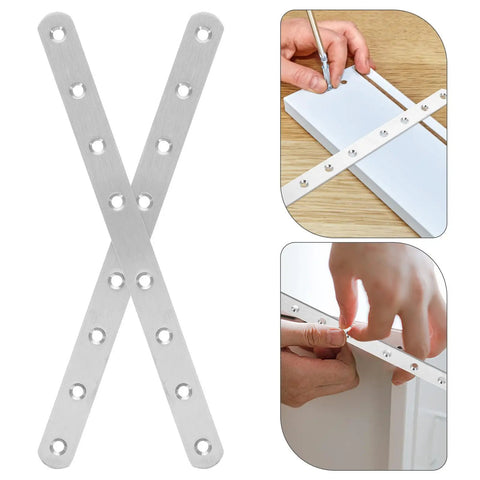 Straight Flat Brackets Set Of Four Stainless Steel Joining Plates for DIY home decor and furniture use, shown during installation.