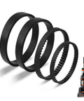 Replacement Belt Set For Bissell ProHeat 2X Revolution Pet Carpet Cleaner 1548 1551 1551W 1550 Series Pack Of 4 Belts, Compatible With 1606419 1606418 1606428 For Easy Budget Friendly Home Cleaning Upgrades showing four black belts next to a vacuum cleaner.