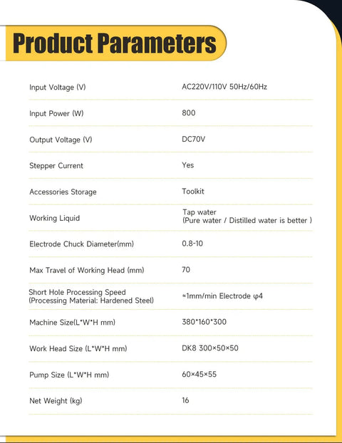 Product parameters chart for Electric Tapping Machine M3 To M16 With 360 Degree Arm Auto Oil Adding Collets Included Portable EDM Tap Remover And Tap Burner EDM 8C For Aluminum Copper Steel Cast Iron, detailing input voltage, power, and dimensions.