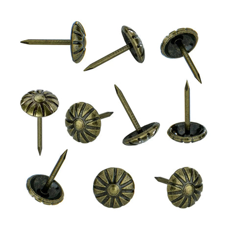 Top Notch Antique Brass Upholstery Tacks Hella Sturdy Daisy Pattern Nails For Diy Furniture Makeover Sweet Home Decor Trim, set of decorative nails.