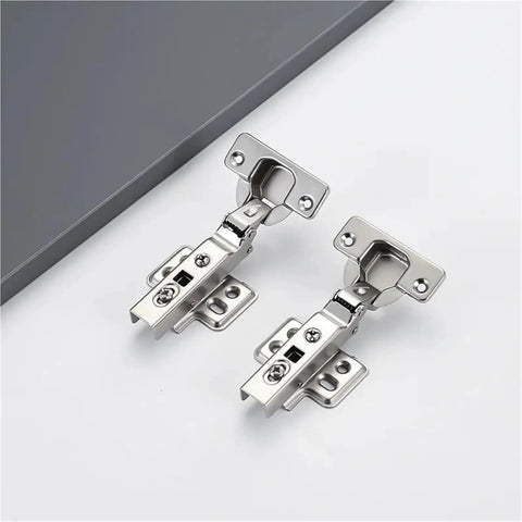 45 to 90 Degree Hydraulic Damper Hinge for Cabinets and Wardrobes Soft Close Corner Door Hardware, two metal hinges on white surface