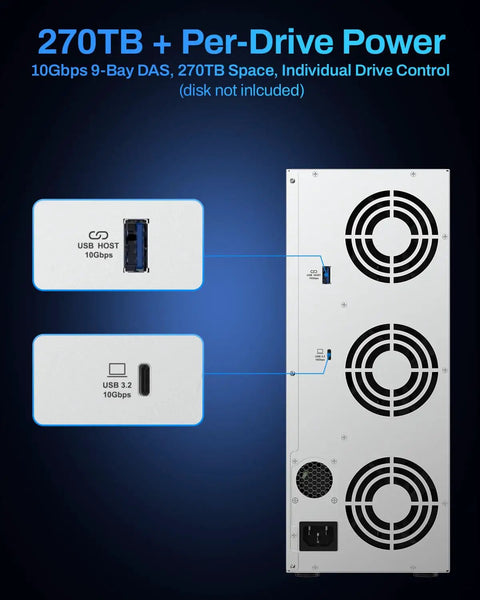 Plug Straight Into Legit Heavy Duty Storage With This Nine Bay External Hard Drive Enclosure Featuring Independent Power Switches Per Bay Diskless Desktop Array Designed For Smooth Sailing Fast Transfers And Totally Hassle Free Data Backup back panel with USB ports and cooling fans.