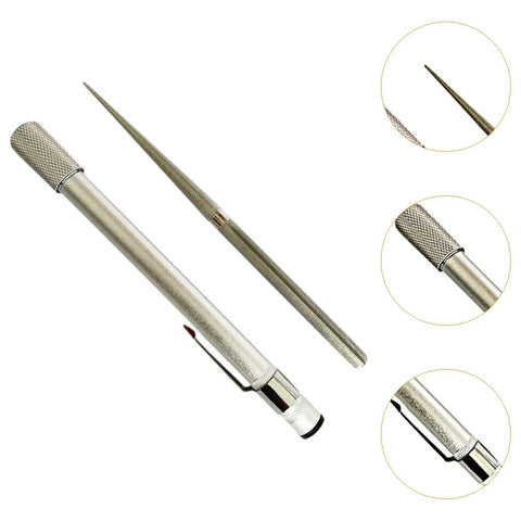 Dope Diamond Sharpening Rod And Stone Pen Sharpener Tool, silver, showing retractable feature and ergonomic nonslip grip detail.